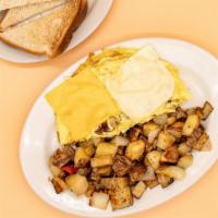 Sausage And Cheese Omelette · Eggs, sausage links, American and Swiss cheeses. Comes with your choice of breakfast potatoe...