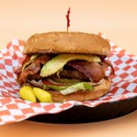 Bacon Avocado Burger · Sesame seed bun, house-made gourmet patty, crispy bacon, fresh avocado, lettuce, white onion...