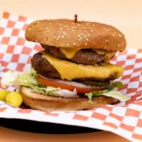 Double Cheeseburger · Sesame seed bun, 2 house-made gourmet patties, 2 slices of melted American cheese, lettuce, ...