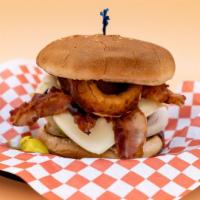 Western Burger · Sesame seed bun, house-made gourmet patty, crispy bacon, onion rings,  melted Swiss cheese, ...