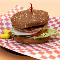 Turkey Burger · Wheat bun, turkey patty, lettuce, white onions, tomatoes, pickles, and our signature 1000 Is...