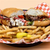 Philly Cheesesteak Sandwich · Juicy steak, melted Swiss cheese, grilled onions and bell peppers on a French roll. Comes wi...