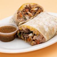 Carne Asada Burrito · Steak, freshly-made Mexican rice, refried beans, shredded cheese, and pico de gallo wrapped ...