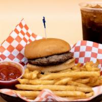 Kid'S Burger Combo · A kids' size plain burger, French fries, and a small drink.