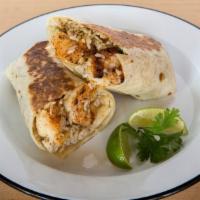 Scampi Burrito · Pan-grilled shrimp with white rice and pico de gallo. Served with black beans and salad on t...
