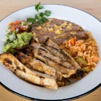 Chicken Dinner Plate · Chicken, served with rice, pinto or black beans, fresh pico de gallo, fresh guacamole with f...