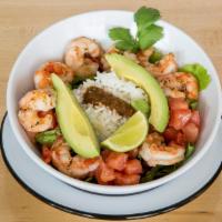Shrimp San Felipe · Wild caught pacific shrimp, white rice, black beans, tomatoes, lettuce, avocado and sopito s...
