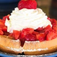 Strawberry “Shortcake” Waffle · Vegetarian. With macerated fresh strawberries and whipped cream.