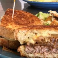 Patty Melt · 1/3 lb beef burger, grilled onions, Swiss cheese & our spicy sauce on rye.