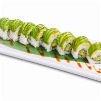 Caterpillar Roll · In: crab, cucumber, eel. Out: avocado, spicy mayo sauce, unagi sauce, toasted sesame seeds.
