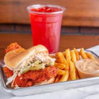 Chicken Sandwich Combo. · Combo served with seasoned fries or veggie sticks, 1 Dip and a Soft Drink