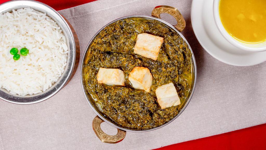 Saag Paneer · Spinach with homemade cheese cubes cooked in creamy sauce with himalayan herbs and spices.