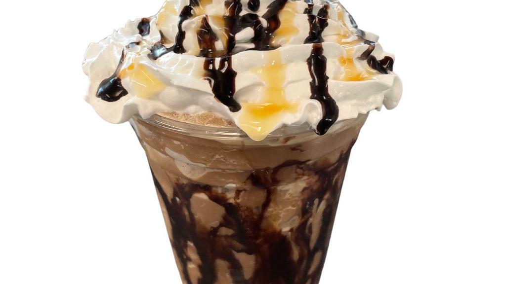 Grand Daddy Mocha Blended · Mix of white chocolate and dark chocolate and salted caramel blended with ice and milk topped with whip cream