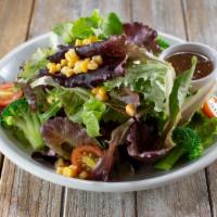 House Green Salad · Baby mixed greens, cherry tomato, corn, broccoli, house ginger dressing.