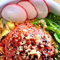 Spicy Tuna Poke Bowl · raw tuna, avocado, seaweed salad, red radish, sesame seeds, fried onion flakes, house poke s...