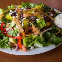 Greek Salad · Romaine lettuce, tomatoes, red onions, cucumbers, red bell peppers, Feta cheese, kalamata ol...