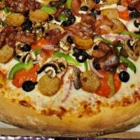 Deluxe Pizza (Small) · Pepperoni, sausage, bacon, mushrooms, red onions, black olives, bell peppers & mozzarella ch...