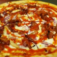 Buffalo Chicken Pizza (Small) · Chicken, bacon, red onions, base ranch sauce and mozzarella cheese.
