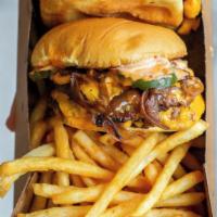 Pop!S Burger Box · Four single- or double-patty burgers dusted with pop!s seasoning, red wine and grass-fed but...