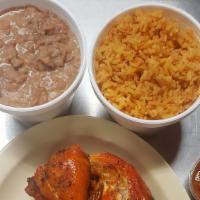 Combo Pollo Entero Asado / Whole Grill Chicken Combo · Arroz, frijoles, cebolla, salsa de jalapeño y tortillas. / Rice, beans, onions, jalapeño sal...