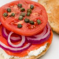Lox & Bagel · Smoked salmon, cream cheese, capers, onions, tomatoes served on Bagel