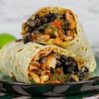 Grilled Chicken Burrito · Achiote grilled chicken, farmers market beans, Spanish rice, cheese, pico de gallo, and sals...