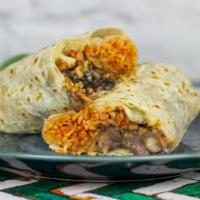 Bcr Burrito · Cheesy bean dip, farmers market beans, spanish rice, cheese