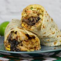 Chicken Tikka Burrito · Grilled chicken tikka, farmers market beans, spanish rice, cheese, pico de gallo, mint escab...