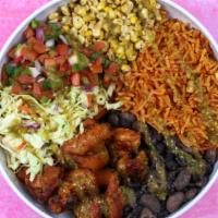 Grilled Chicken Bowl · Achiote grilled chicken, farmers market beans, spanish rice, verde slaw, pico de gallo, roas...