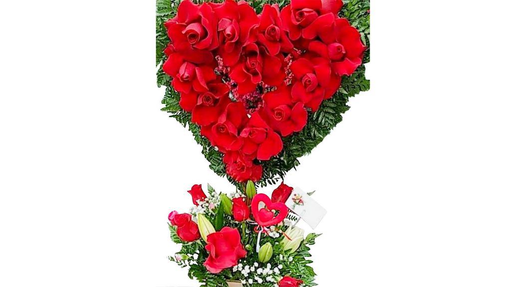 Heart Shaped Roses · Small bouquet on bottom side lilys roses & babybreath side note card.