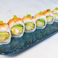 Tempura Tiger Roll · Eight pieces tempura shrimp avocado roll topped with shrimp, sweet chili sauce and green oni...