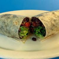 Veggie Burrito · Grilled onions, bell peppers, mushrooms, zucchini, black beans, pico de gallo.