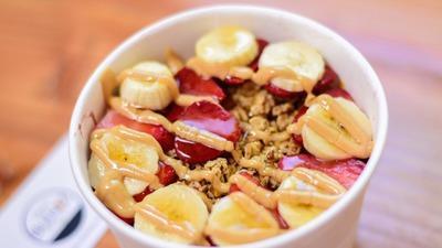 Protein Bowl · Base, Granola, Strawberry, Banana, Soaked Chia, Pumpkin Seeds choice of Peanut or Almond butter and Honey.