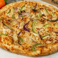 Bbq Chicken Pizza · Topped with chicken, green pepper, red onion, mozzarella cheese, and BBQ sauce (no marinara)...