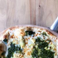 Spinach & Alfredo · Alfredo sauce, spinach, artichoke heart, parmesan cheese and topped with a pesto drizzle. Ou...