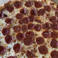 Pepperoni Pizza · Sliced pepperoni on our classic cheese pizza. All pizzas are prepared with our house-made ma...