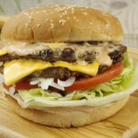 Double Cheeseburger · A favorite. Two charbroiled 100% pure ground beef patties, topped with double the cheese.