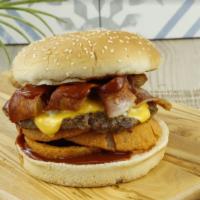 Western Bacon Cheese Burger · 100% pure ground beef flame broiled patty, cheese, hickory smoked bacon, onions rings, & BBQ...