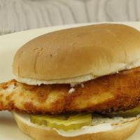 Fried Chicken Sandwich · Homemade hand breaded chicken breast, mayonaise, pickles, served on a hamburger bun