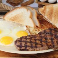 Steak & Eggs · Served with hash browns, fruit, toast and jelly.
