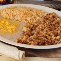 Chorizo & Eggs · Includes rice, beans, and tortillas.