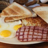 Ham & Eggs · Served with hash browns, fruit, toast and jelly.