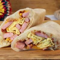 Ham Breakfast  Burrito · Made with 3 Eggs, Hash Browns, Cheese, & Salsa