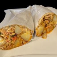 Chorizo Burrito · Beef Chorizo, cilantro, tomatoes, onions, house potatoes, eggs, shredded cheese, flour torti...