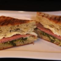 Prosciutto Pesto · Prosciutto, pesto, sweet red roasted peppers and fresh mozzarella cheese.