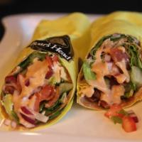 Bbq Chicken Wrap · Grilled chicken, crispy bacon, romaine lettuce, tomato, and red onion, with our BBQ ranch dr...