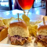 Pulled Pork Slider Plate · Pulled pork with special BBQ sauce, served with creamy Cole slaw on Brioche bun (Three slide...