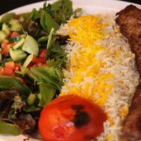 Beef Kabob Plate · Juicy char-broiled, seasoned, lean ground beef, served with basmati rice, grilled tomato, an...