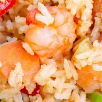 Shrimp Fried Rice · Fried white rice with shrimp, scrambled egg, white onion, green onion and ginger on top