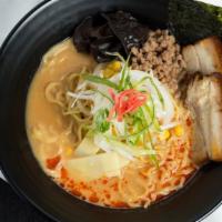 Miso Ramen · Pork broth, miso, chashu, ground pork, kizami ginger, bamboo shoot, black mushroom, bean spr...